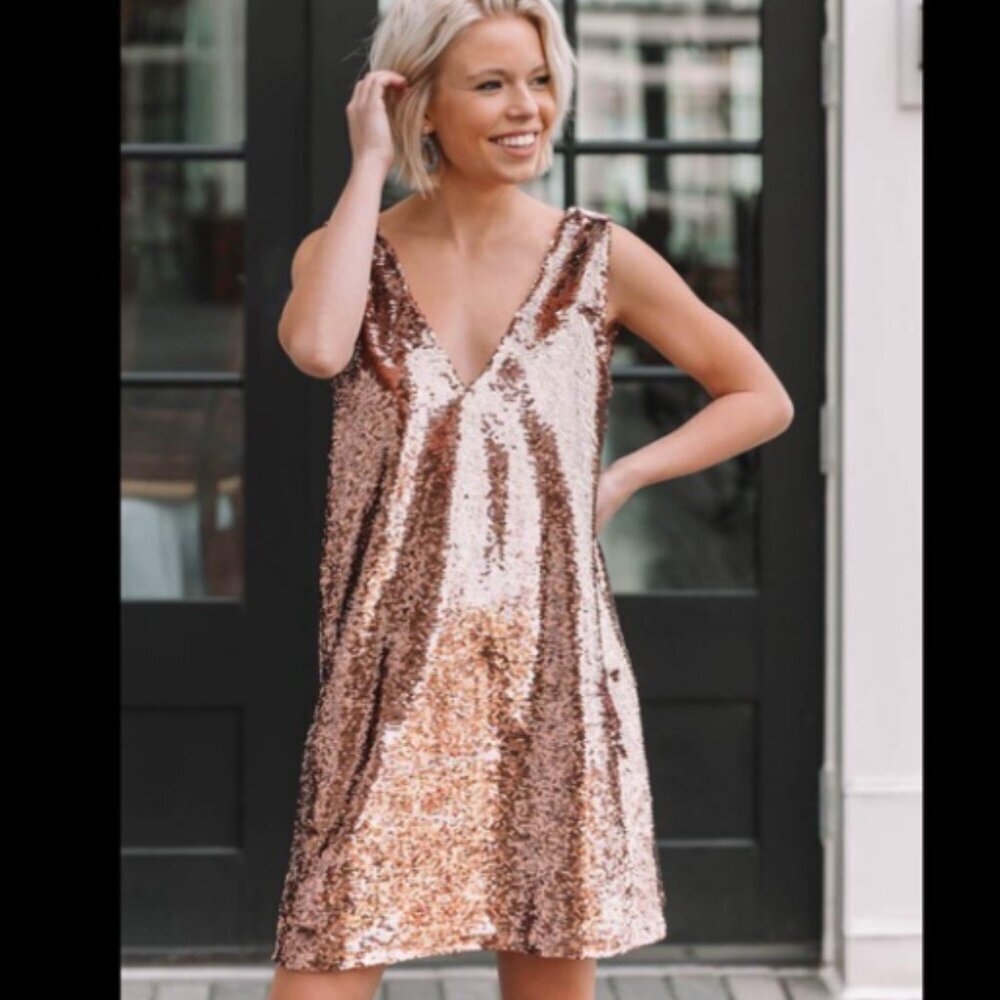 BB Dakota Rose Gold Sequined Swing Dress Size M new
